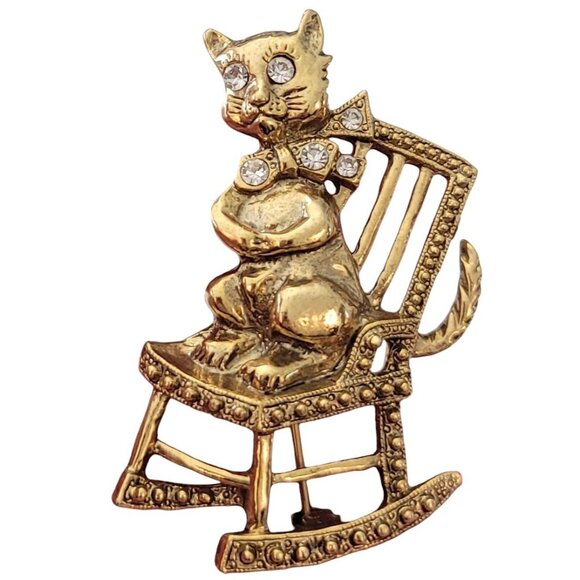 1928 Brand Clear Rhinestone Cat in Rocking Chair Brooch Pin E638 - Picture 11 of 11